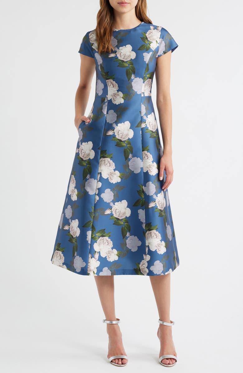 Sachin & Babi Jackie Floral Print Satin Cocktail Dress, Main, color, Steel Blue Blooms