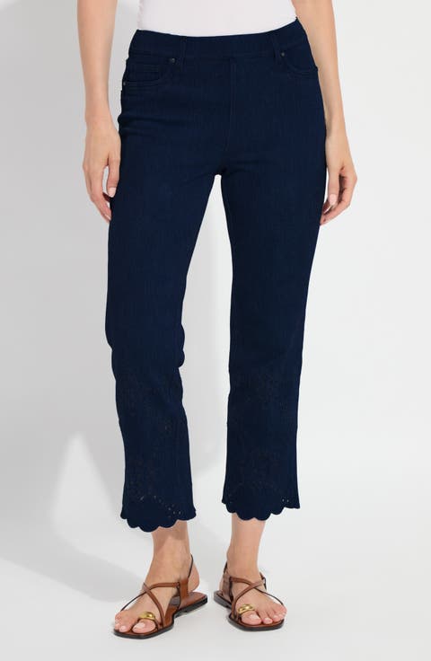 Billie Eyelet Pull-On High Waist Crop Straight Leg Jeans