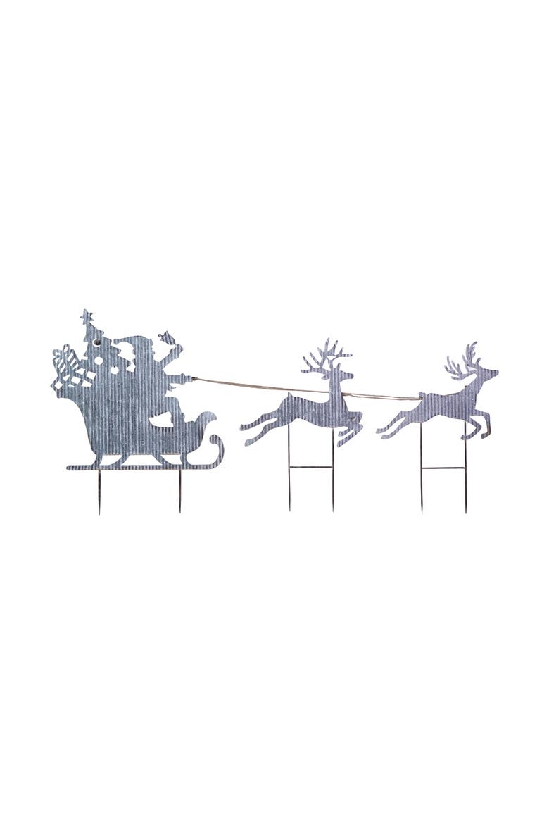 Metal Yard Stake with Santa In Sleigh, Reindeer & Jingle Bells, Main, color, Multicolor