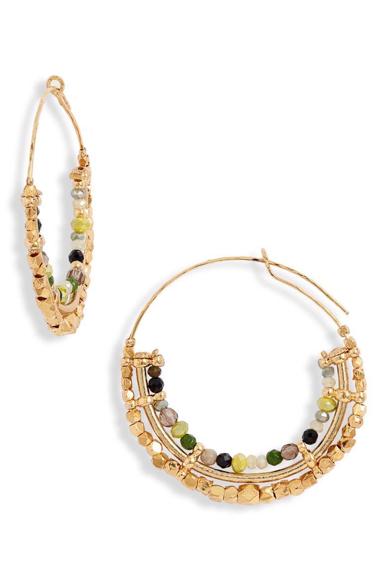 Comedia Beaded Hoop Earrings, Main, color, GOLD/ MULTI/ GREEN