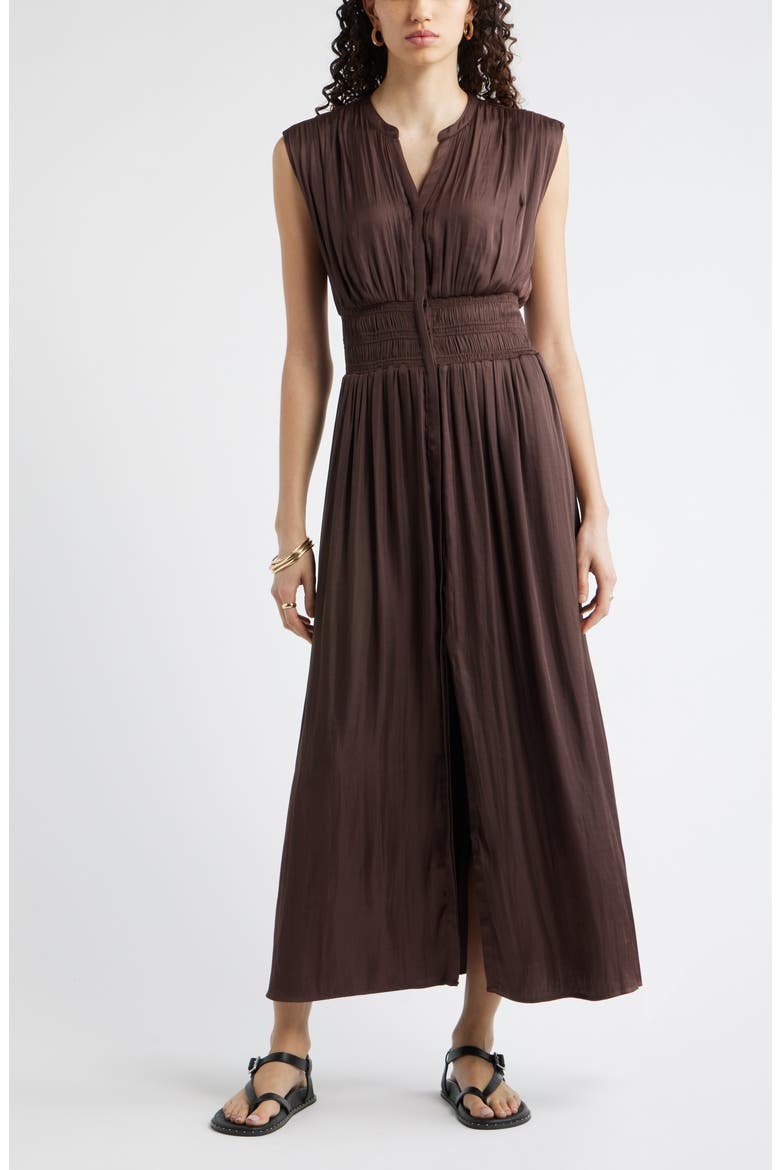 Smocked Waist Maxi Shirtdress, Main, color, BROWN ROAST