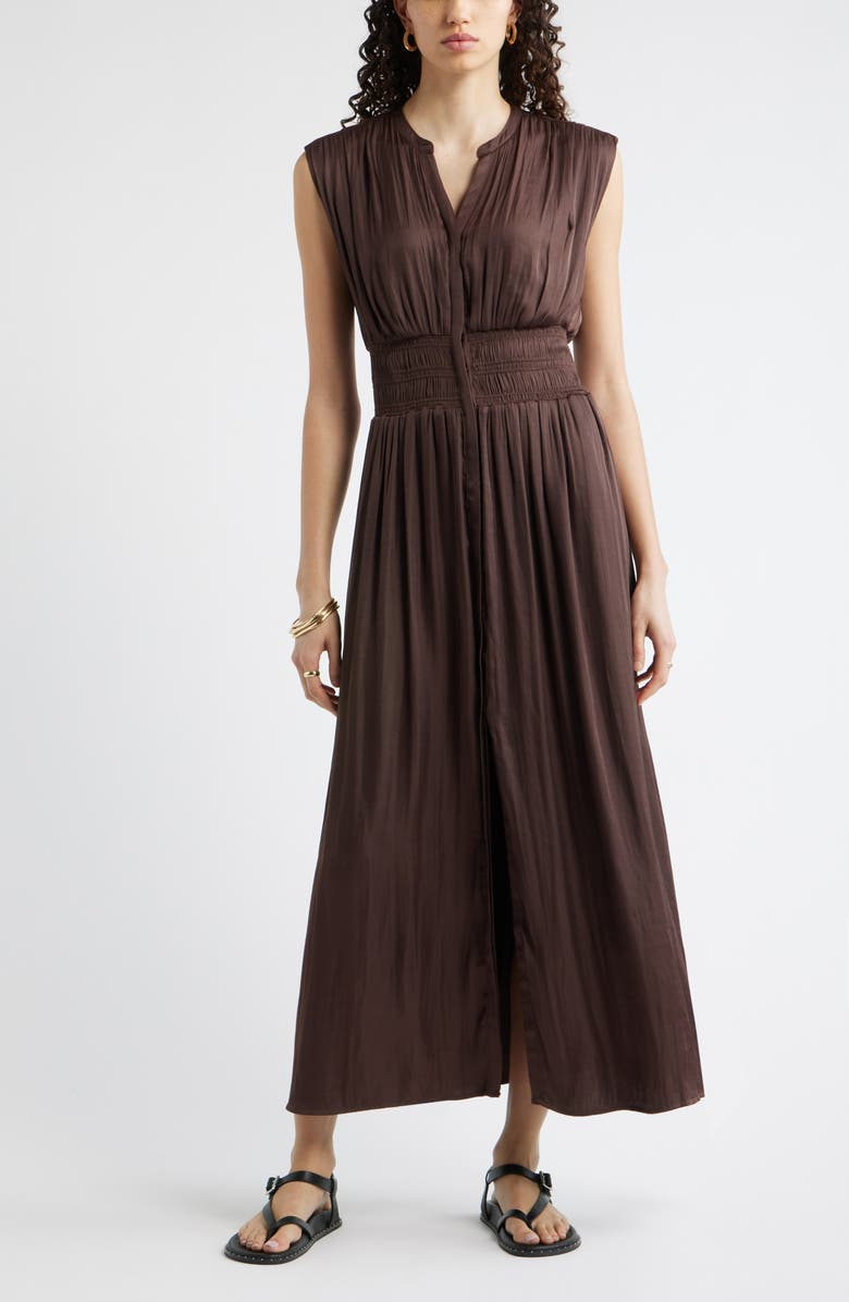 Nordstrom Smocked Waist Maxi Shirtdress, Main, color, Brown Roast