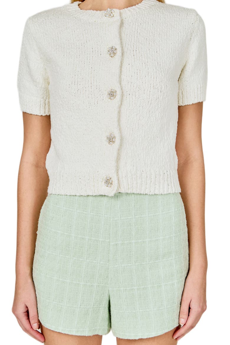 Scalloped Embellished Button Short Sleeve Cardigan, Main, color, WHITE