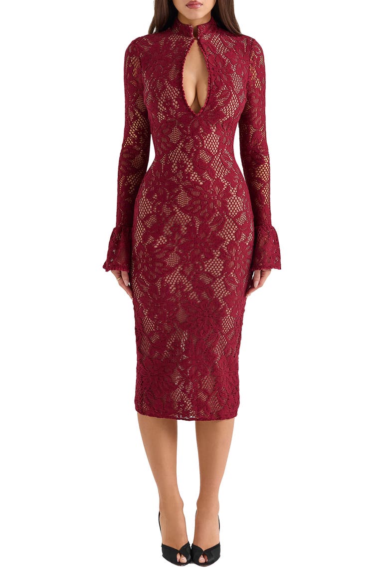 Pierette Cutout Detail Long Sleeve Lace Body-Con Dress, Main, color, RHUBARB