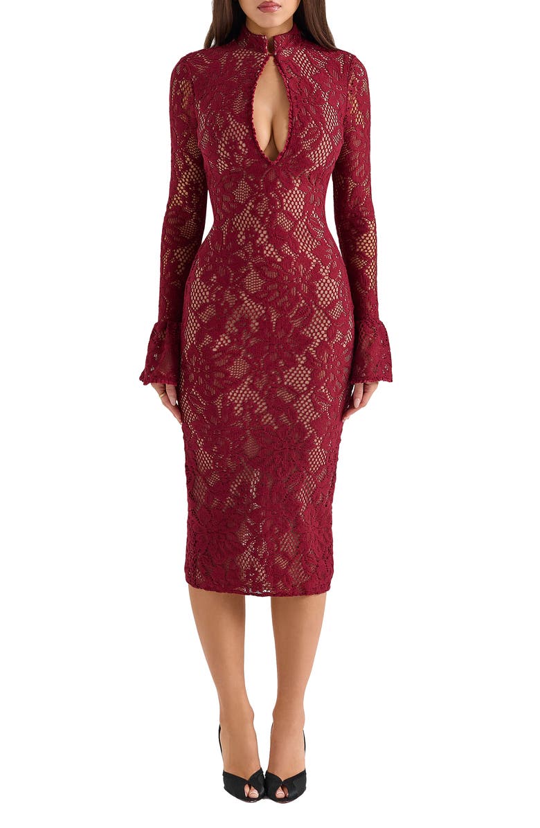 HOUSE OF CB Pierette Cutout Detail Long Sleeve Lace Body-Con Dress, Main, color, Rhubarb