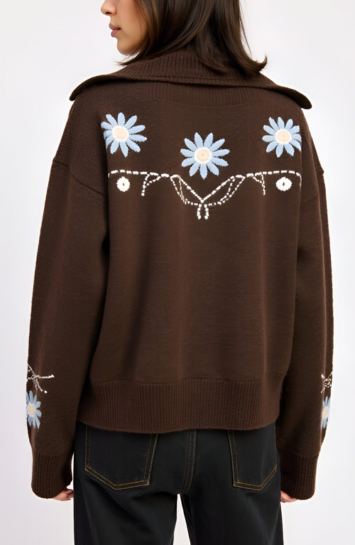 Modenaire Button Up Knit Cardigan With Abstract Floral Print In Brown