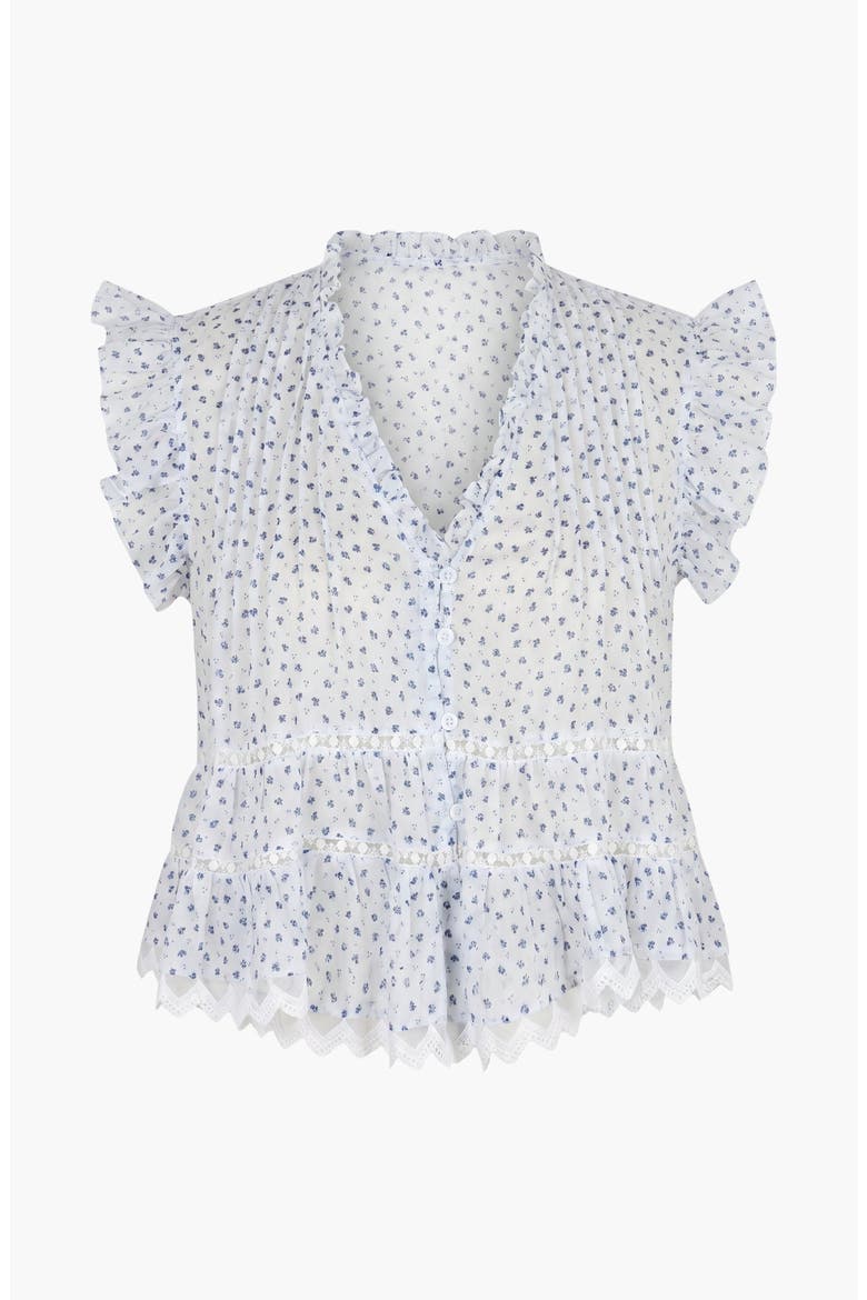 Ruffled V-Neck Button-Front Tiered Lace Hem Blouse, Main, color, White