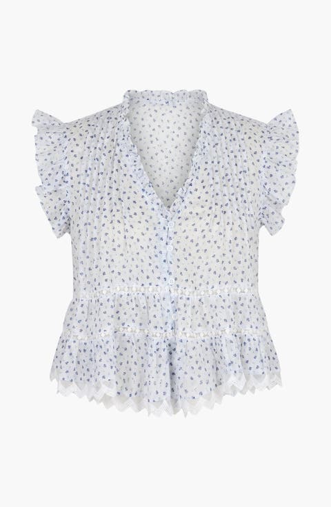 Ruffled V-Neck Button-Front Tiered Lace Hem Blouse