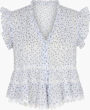 Modenaire Ruffled V-Neck Button-Front Tiered Lace Hem Blouse