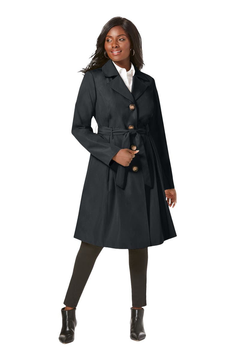 Jessica London Pleated Trench Coat, Main, color, Black