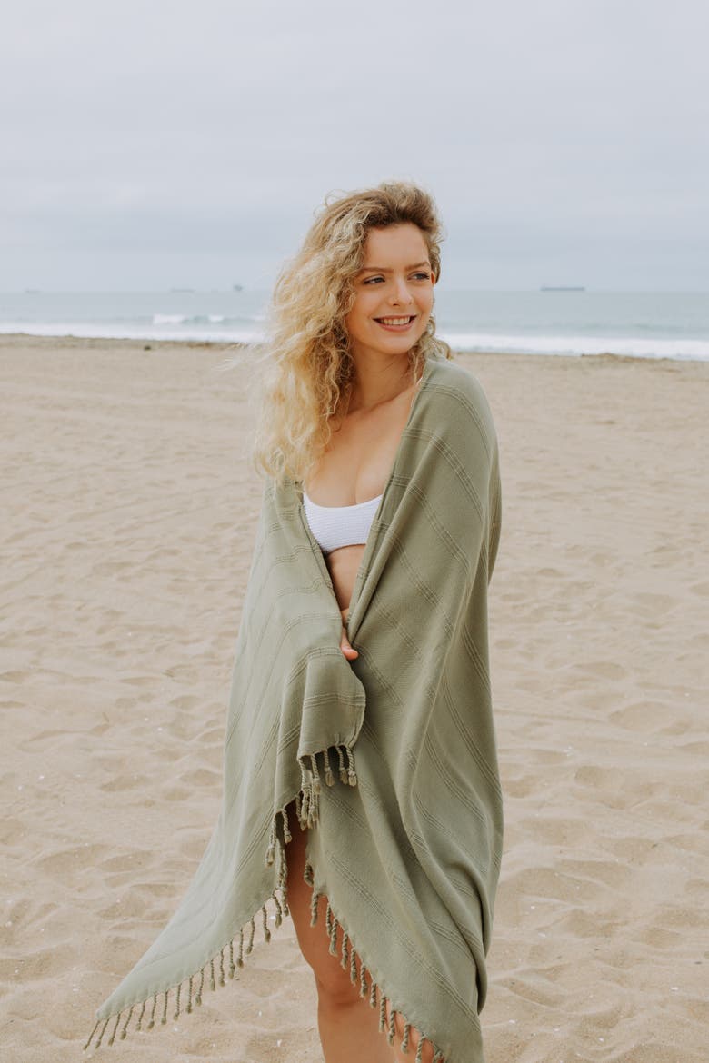 Stonewashed Organic Cotton Turkish Towel, Alternate, color, Khaki Green