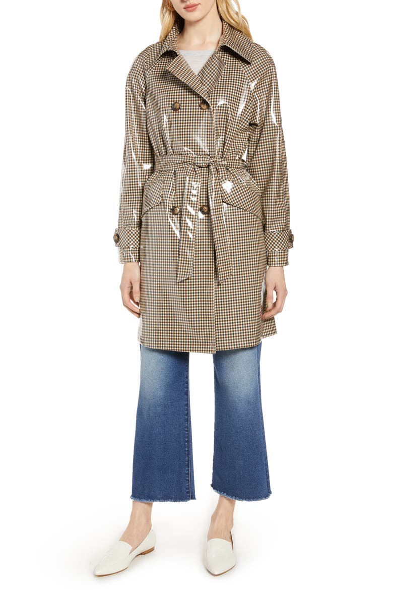 Water Resistant Coated Plaid Trench Coat, Alternate, color, BROWN
