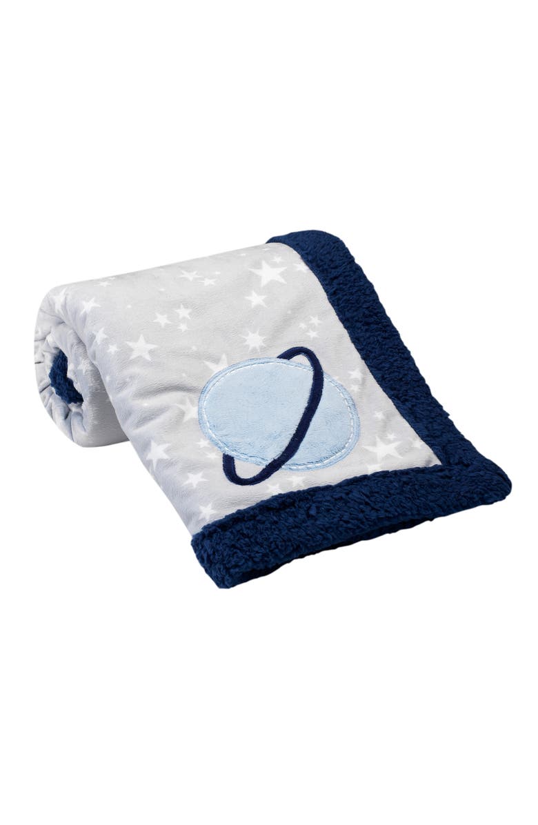 Lambs & Ivy Milky Way Stars and Planet Minky/Faux Shearling Soft Baby Blanket, Main, color, Gray