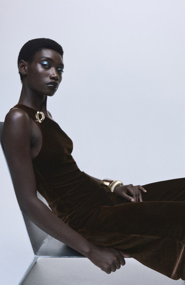 MANGO One-Shoulder Velvet Jumpsuit, Alternate, color, Brown