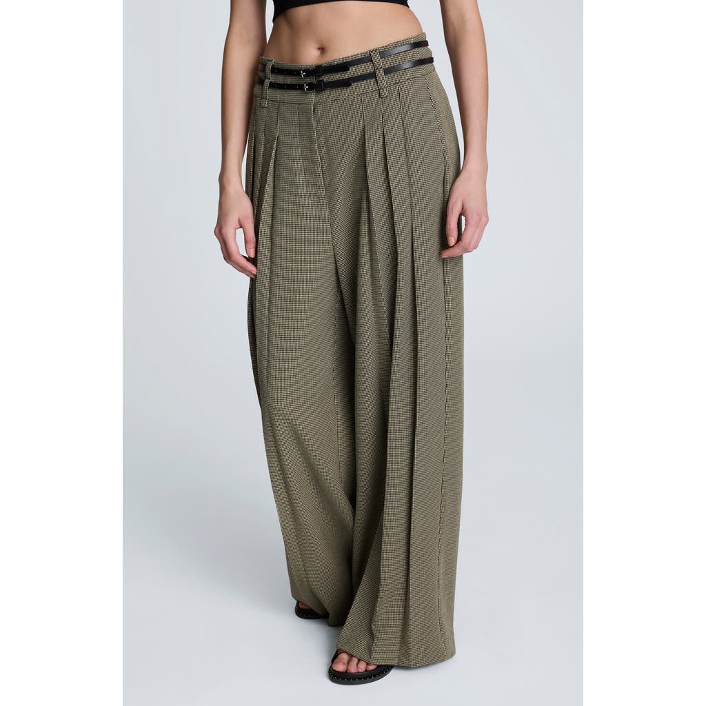 Kenneth Cole Houndstooth Check Pleated Wide Leg Pants In Green