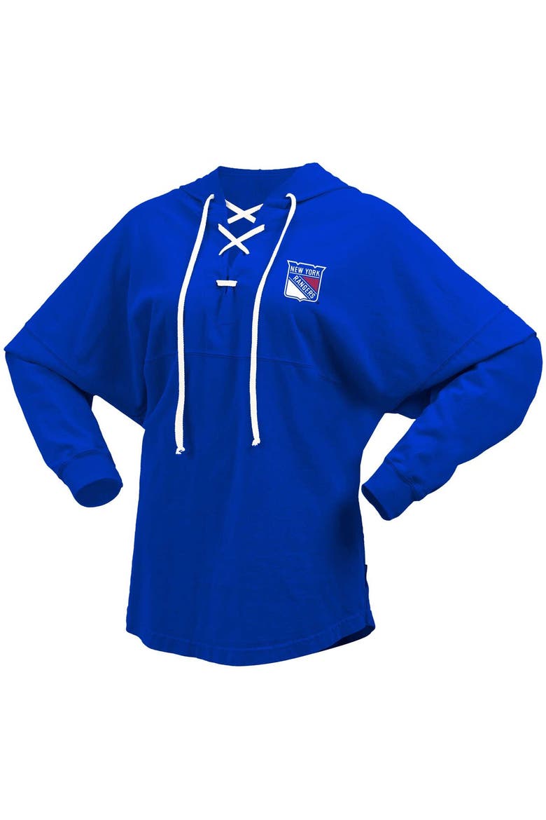 Women's Fanatics Branded Blue New York Rangers Jersey Lace-Up V-Neck Long Sleeve Hoodie T-Shirt, Alternate, color, Blue