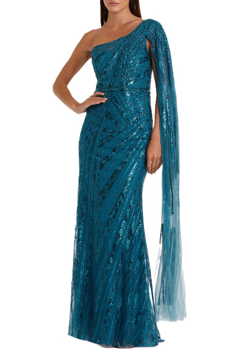 One Shoulder Cape Sleeve Embellished Gown, Main, color, OCEAN BLUE