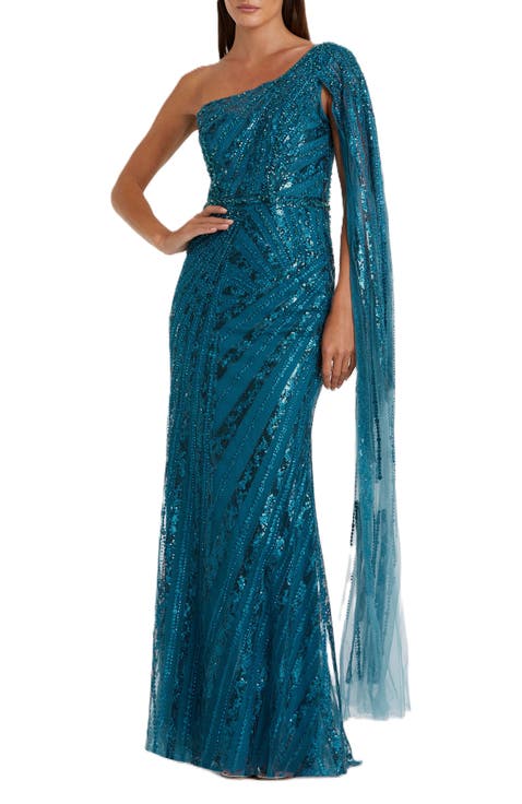 Women's Sequin One-Shoulder Evening Gown with Sheer Cape Sleeve