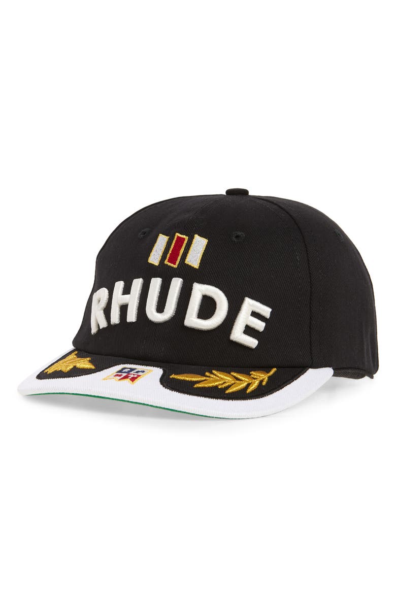 Rhude Souvenir Logo Embroidered Twill Baseball Cap, Main, color, Black / White / Multi