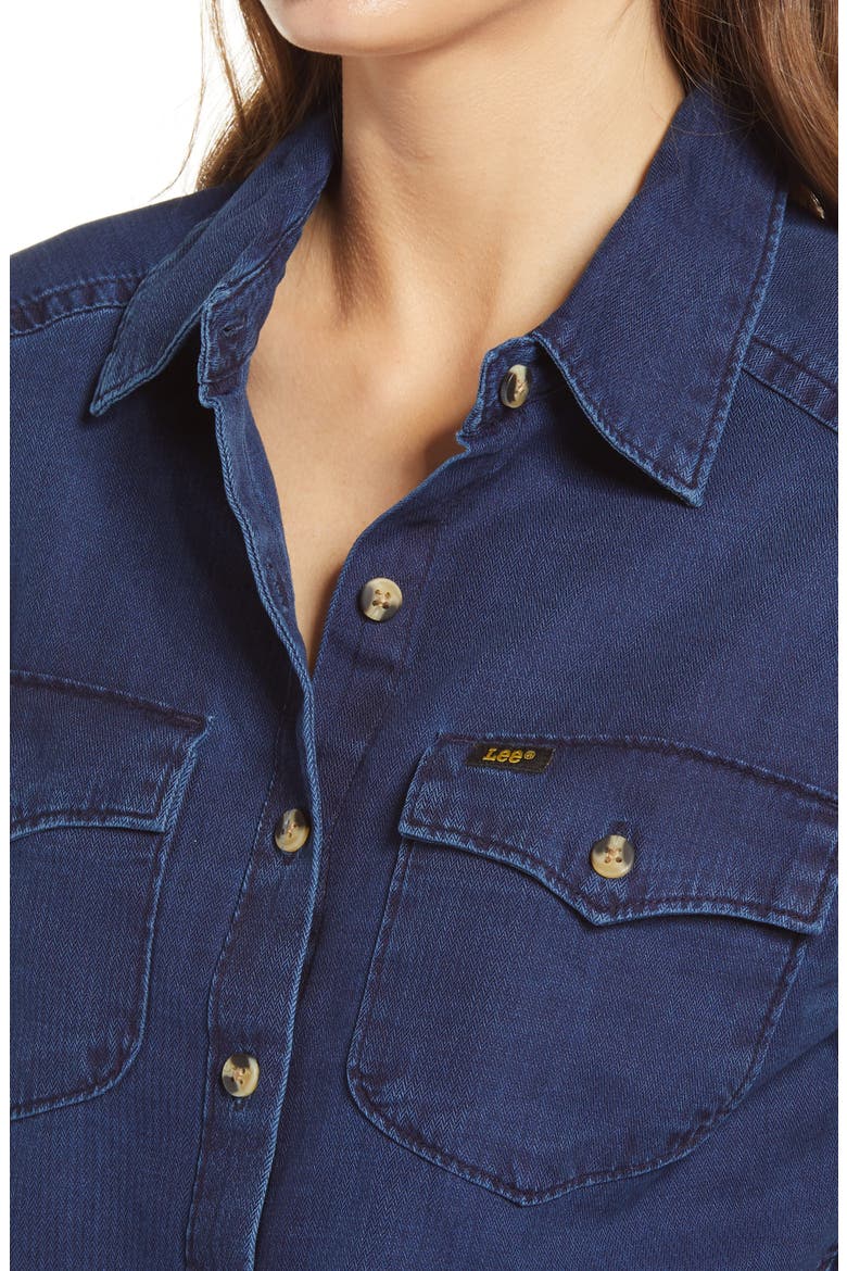 Frontier Western Button Front Denim Shirt, Alternate, color, DARK WASH HERRINGBONE