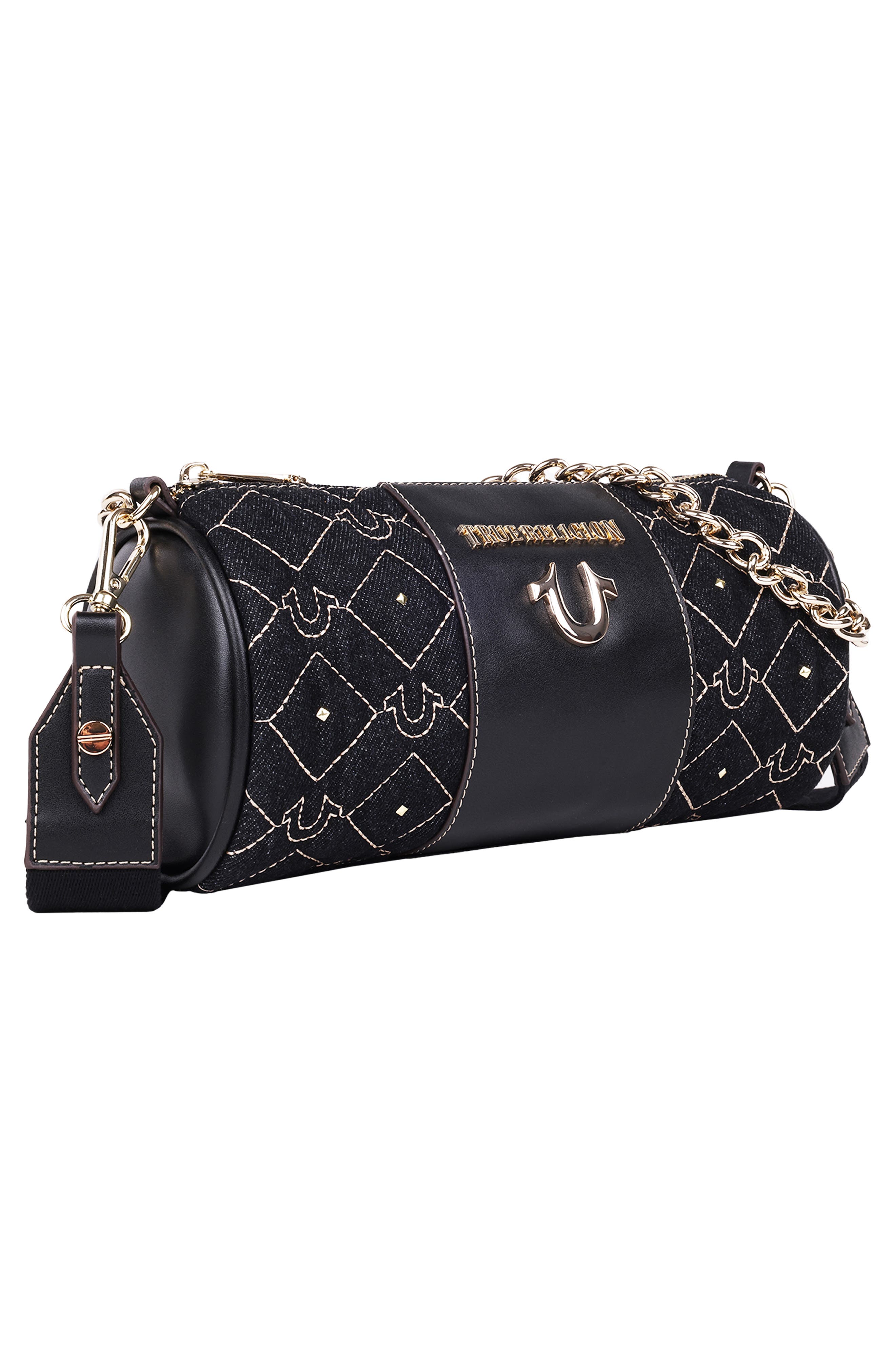 True Religion Studded Horseshoe Denim Barrel Bag, Alternate, color, 