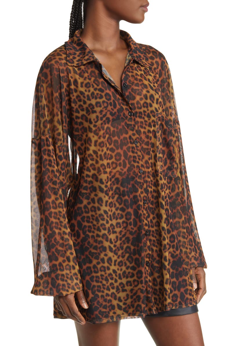 ASOS DESIGN Curve Leopard Print Mesh Button-Up Shirt, Alternate, color, 