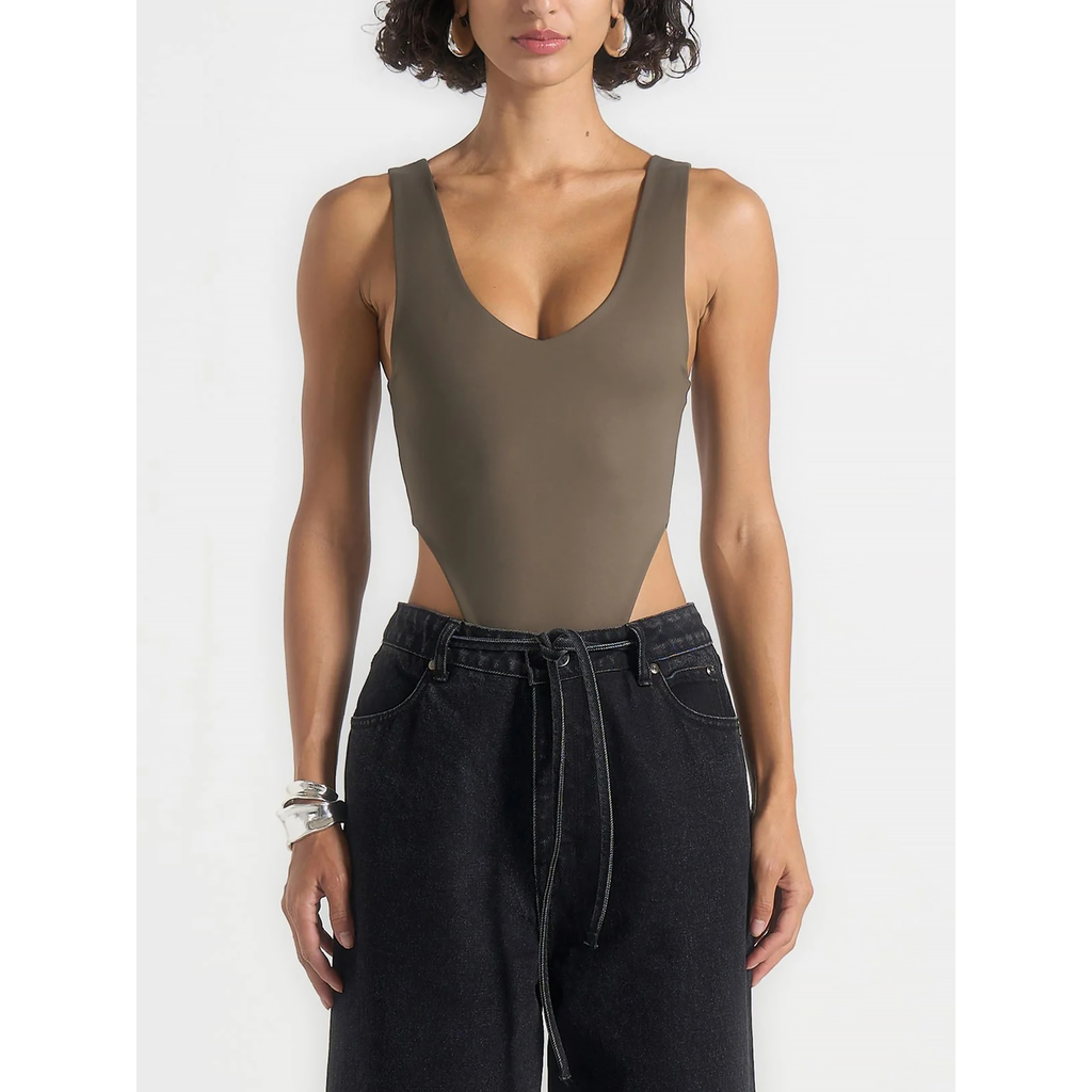 Manière De Voir Noa Fitted V-Neck Bodysuit in Olive at Nordstrom, Size 8