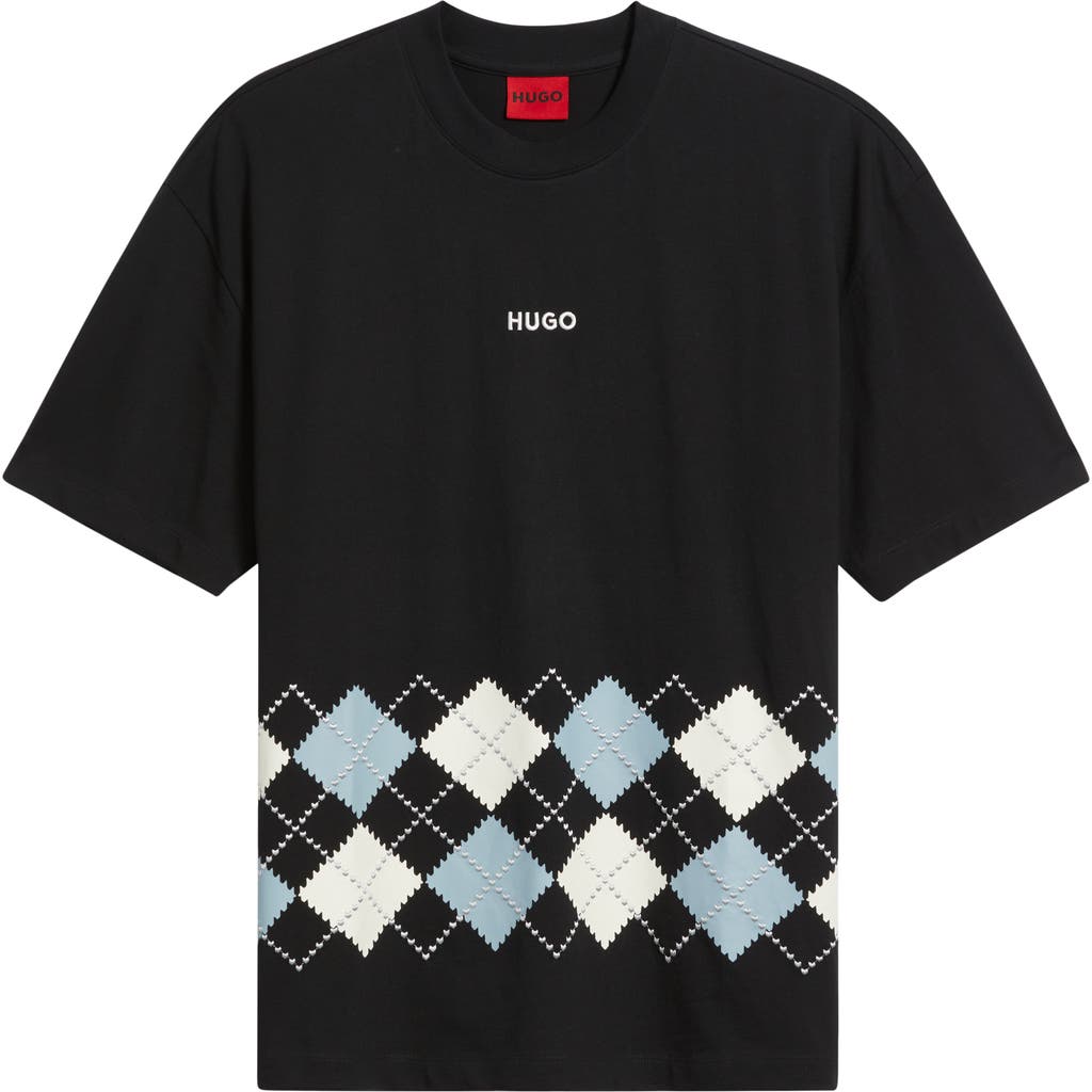 Hugo Boss Crew-neck T-shirt In Cotton With Argyle Pattern In Black