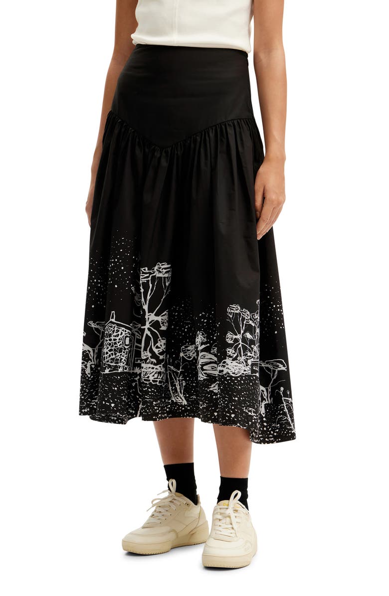 Desigual Landscape Poplin Midi Skirt, Main, color, Black