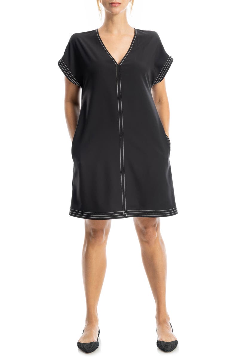 MAX STUDIO V-Neck Contrast Stitch Dress, Main, color, Black