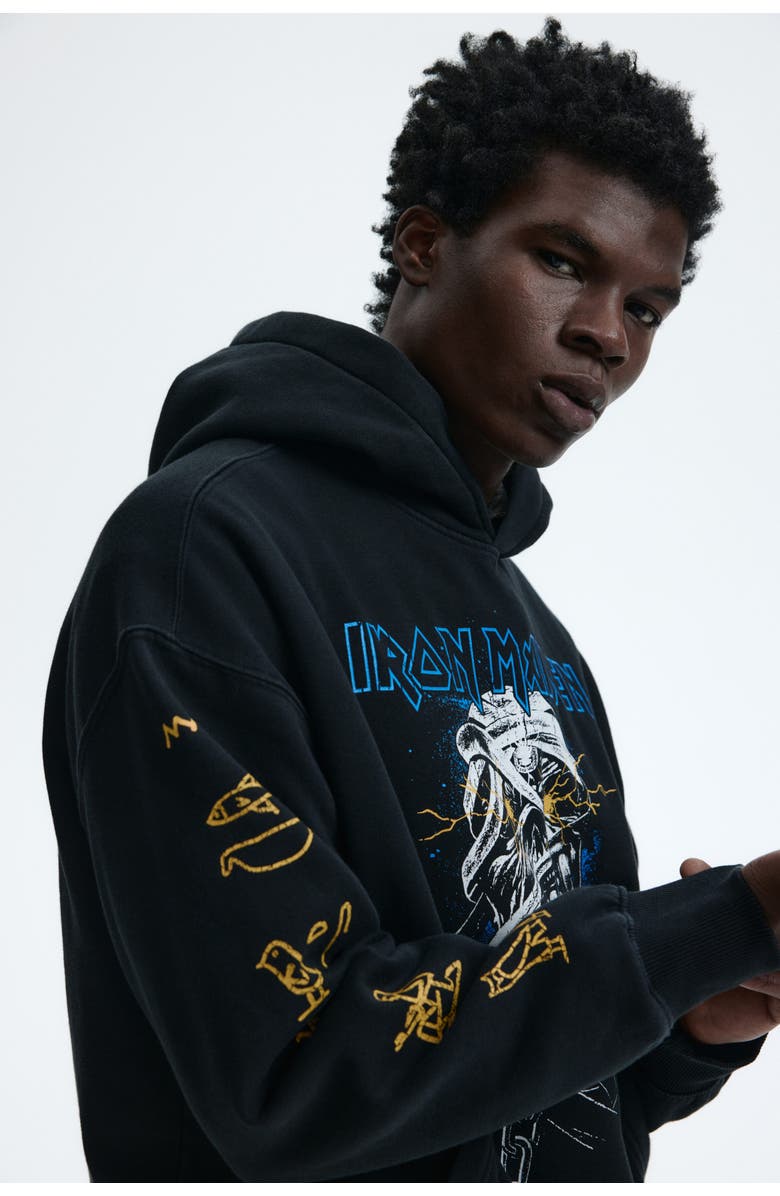 H&M Oversized Fit Printed Hoodie, Alternate, color, Black/Iron Maiden