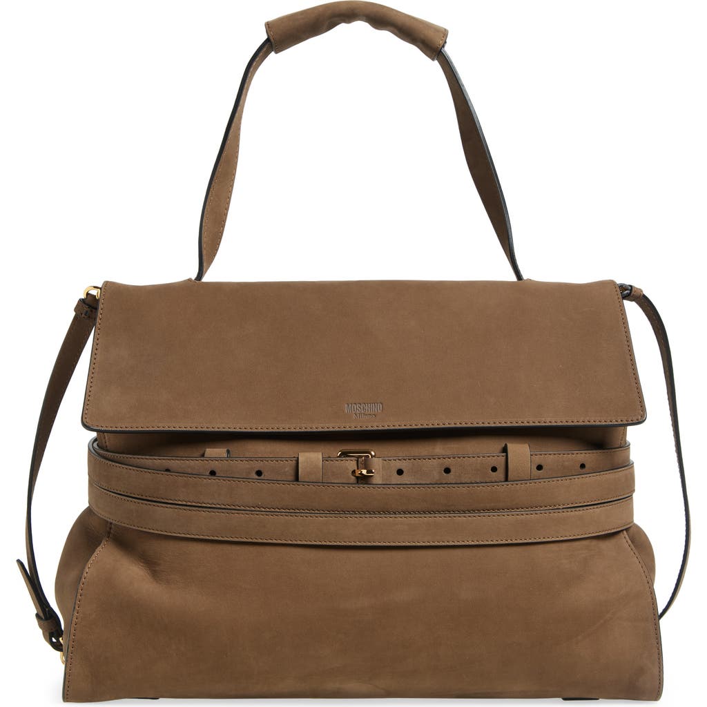 Shop Moschino Medium Tie Me Suede Shoulder Bag In Forest