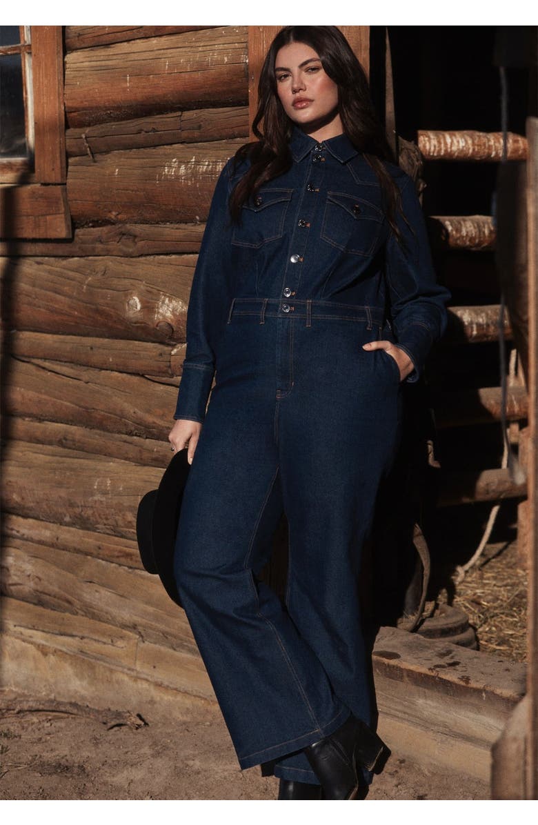 ELOQUII Western Detail Denim Jumpsuit, Main, color, Dark Wash