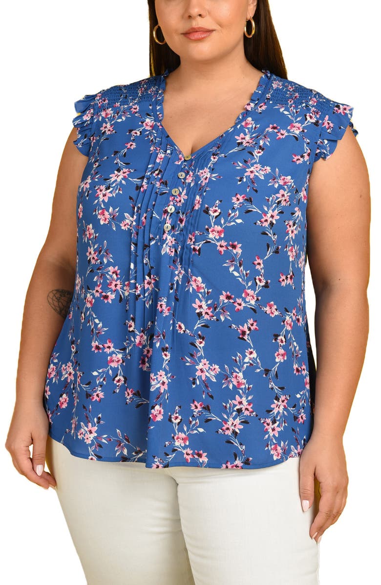 Daniel Rainn Floral Print Pintuck Top, Main, color, M535 Blue