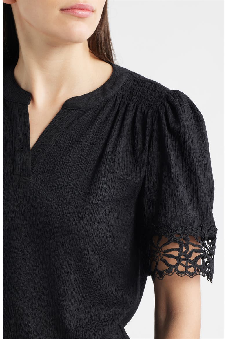 Lace Trim Crinkle Top, Alternate, color, ANNE BLACK