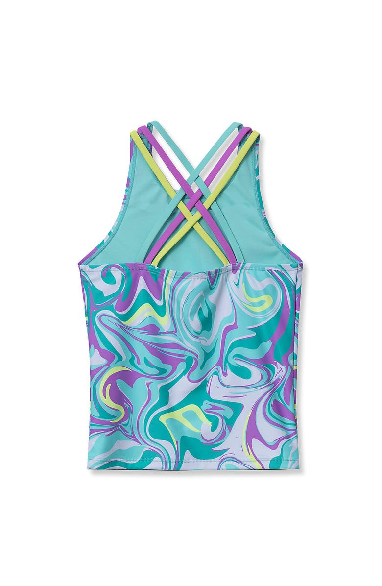 Lands' End Girls Chlorine Resistant Strappy X-Back Tankini Top, Alternate, color, Aruba Blue Multi Swirl