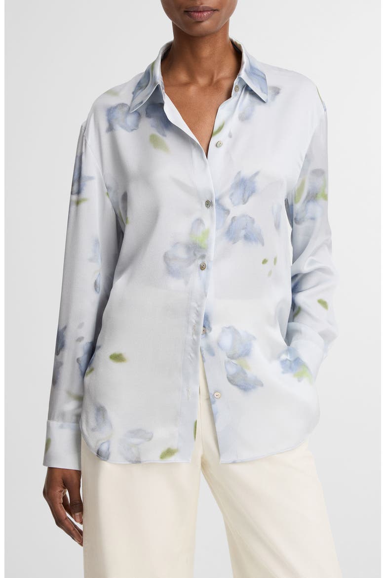 Petal Blur Floral Silk Button-Up Shirt, Main, color, SOFT GREY