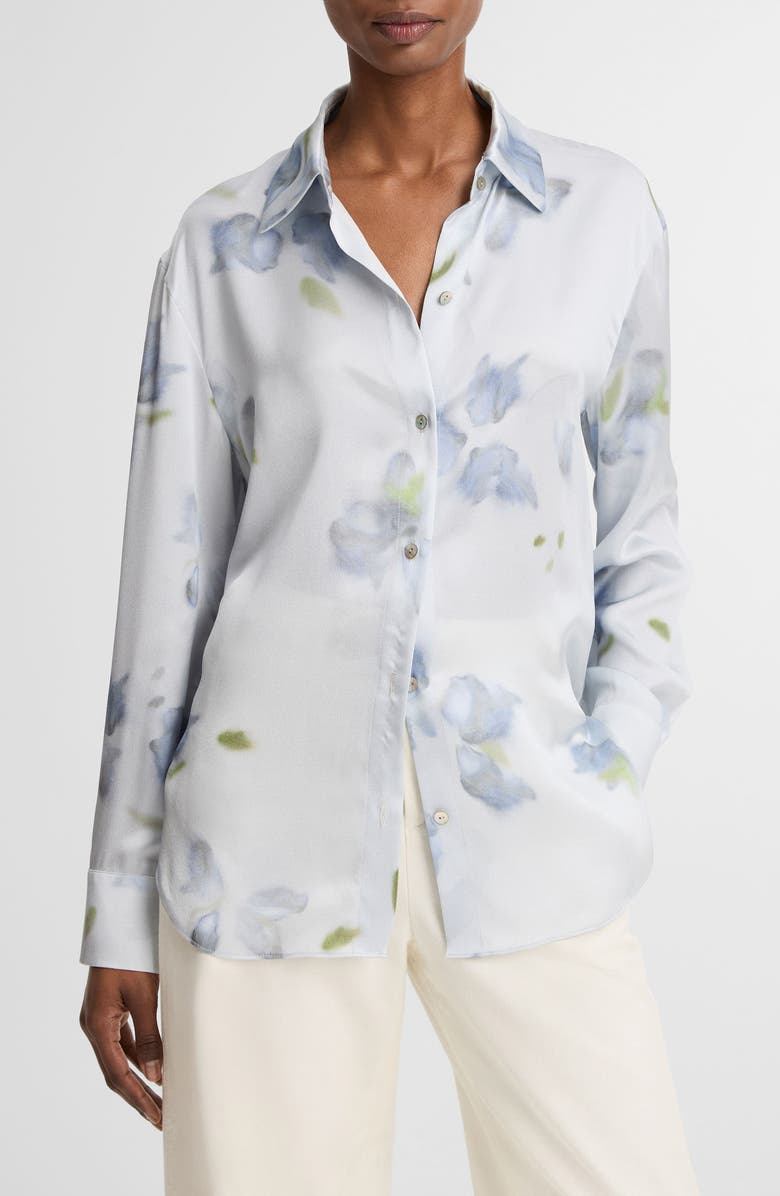 Vince Petal Blur Floral Silk Button-Up Shirt, Main, color, Soft Grey