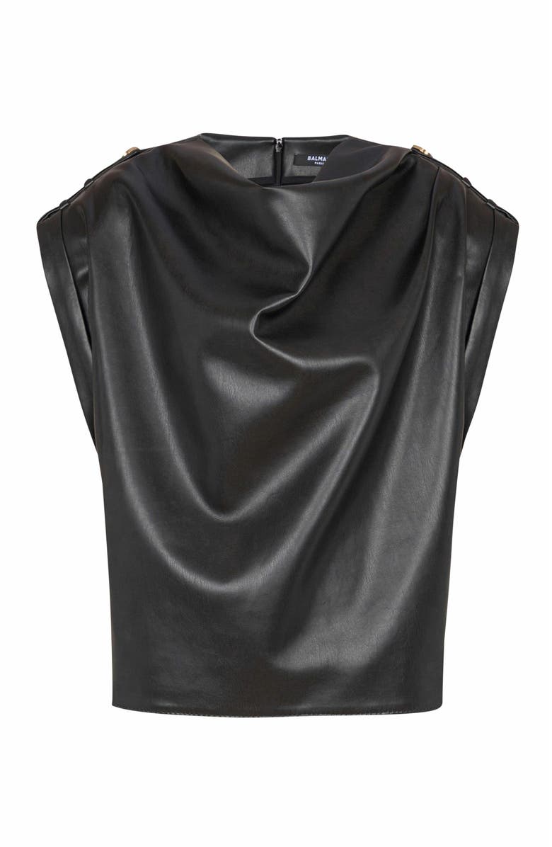 Balmain Faux Leather Draped Top, Alternate, color, Black