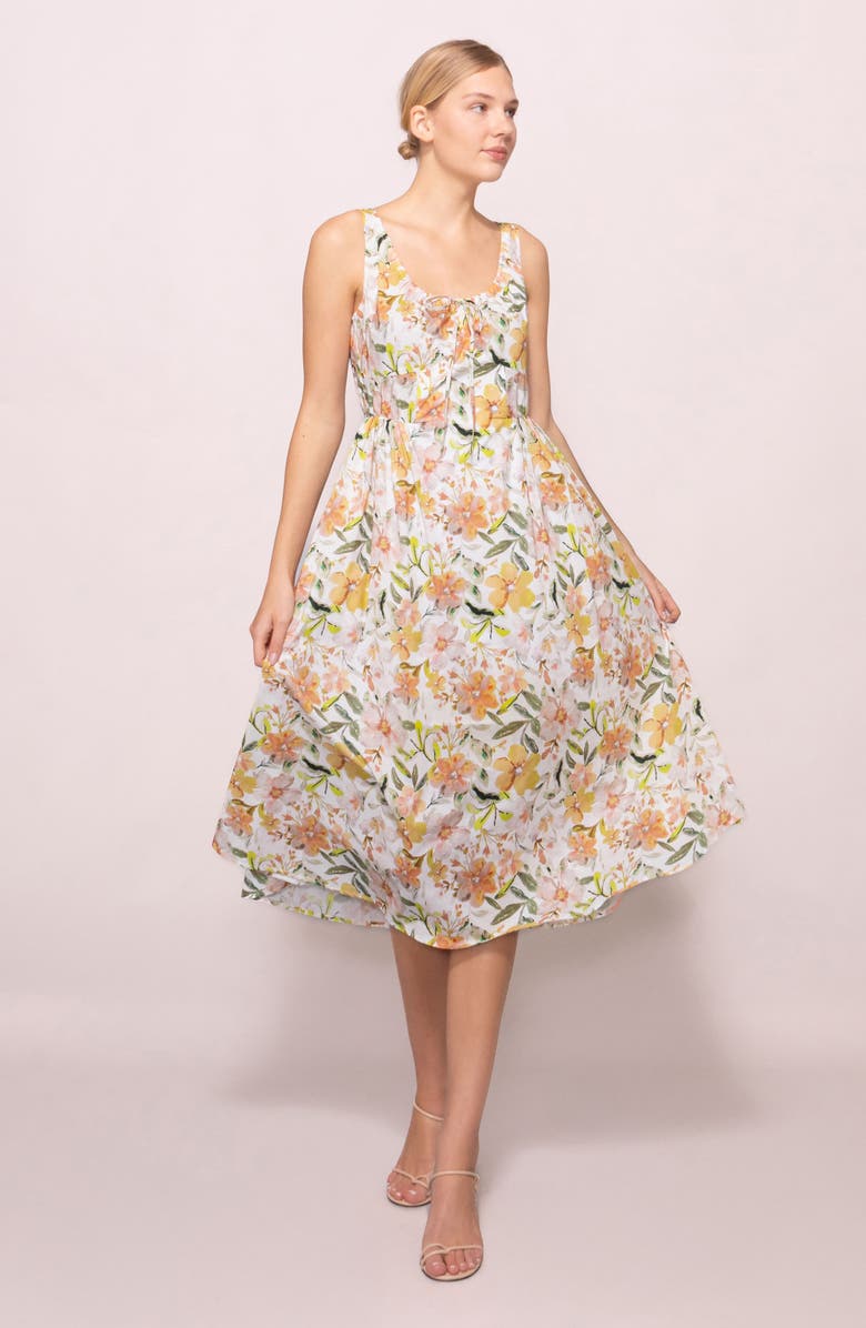 MELLODAY Printed Poplin Midi Dress, Alternate, color, Ivory Multi