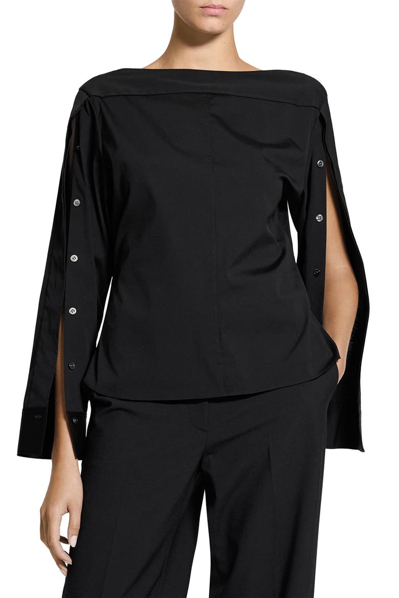 Button Sleeve Boat Neck Top, Alternate, color, BLACK