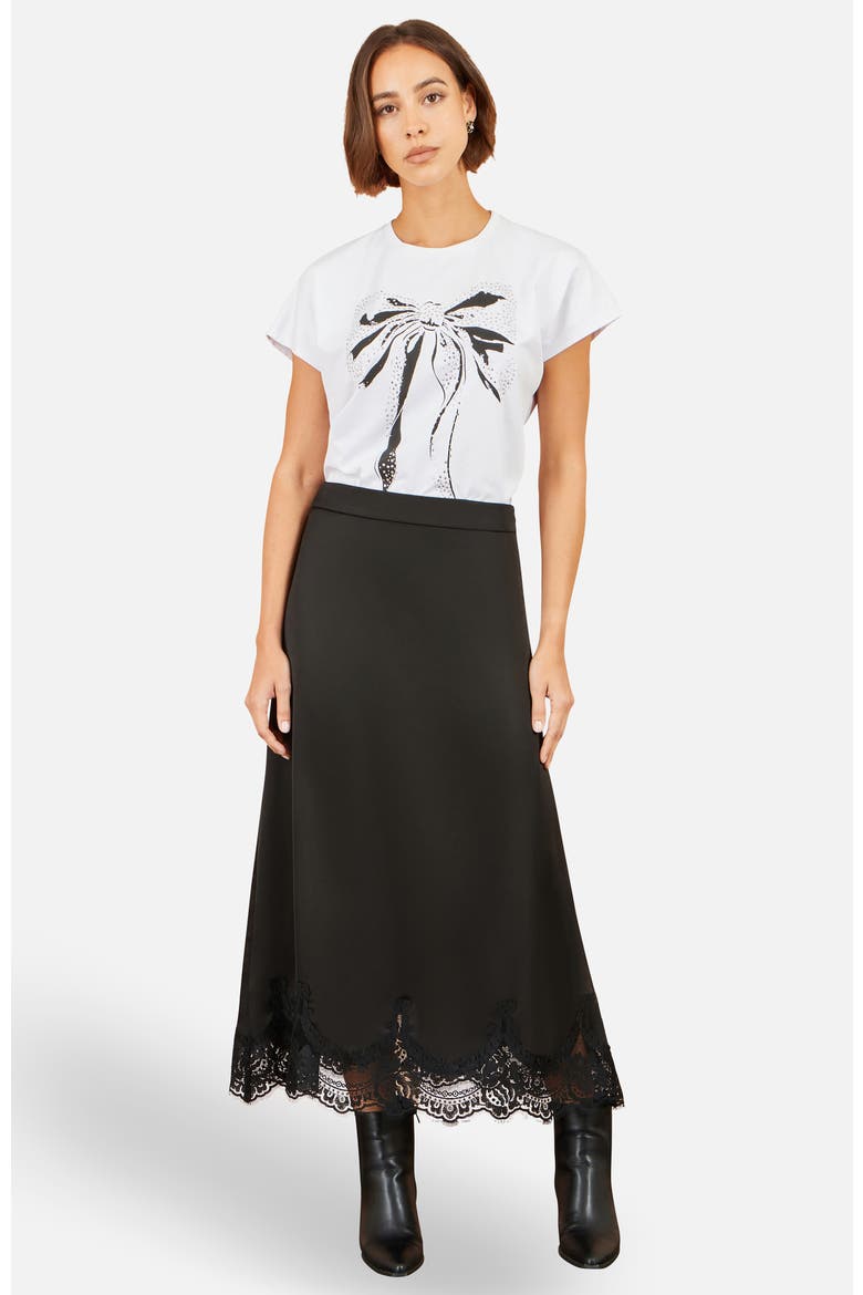 Lace Trim Satin Midi Skirt, Alternate, color, Black