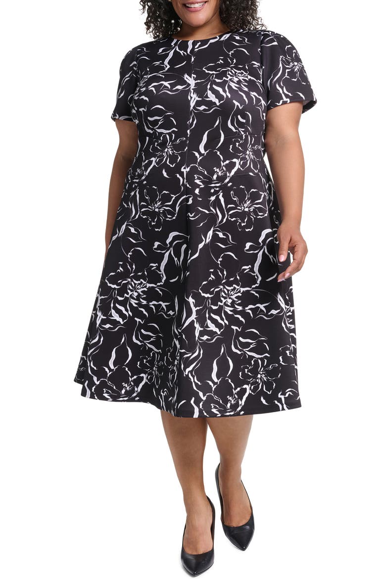 Abstract Print Scuba Fit and Flare Dress, Main, color, BLACK/ CREAM