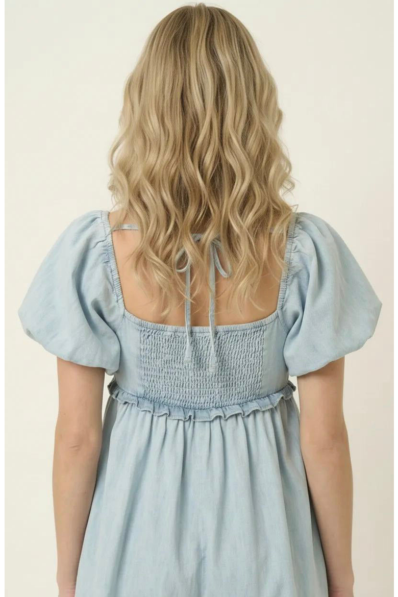 Puff Sleeve Romper with Tie Front and Relaxed Flowy Fit, Alternate, color, Light Blue