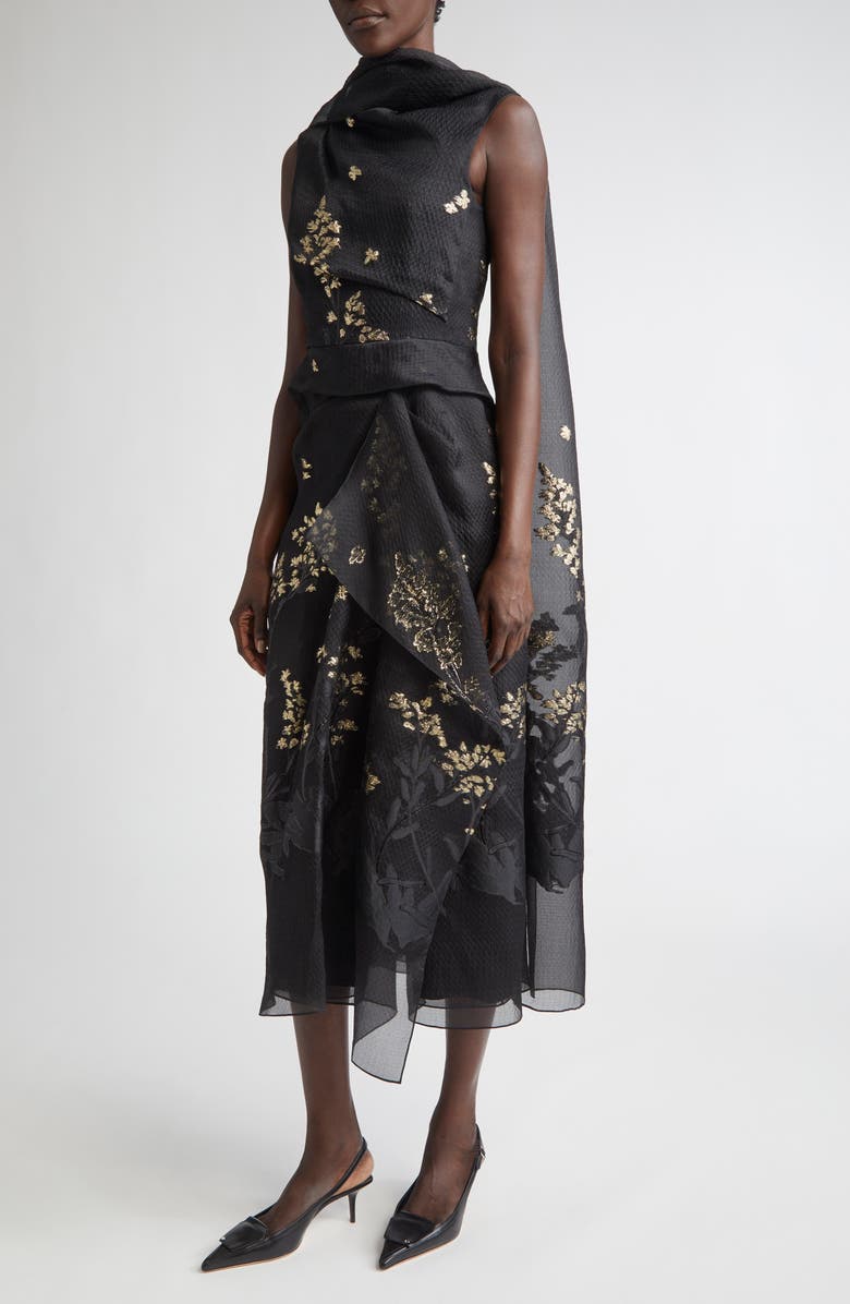 Erdem Drape Silk Blend Midi Cocktail Dress, Alternate, color, Black