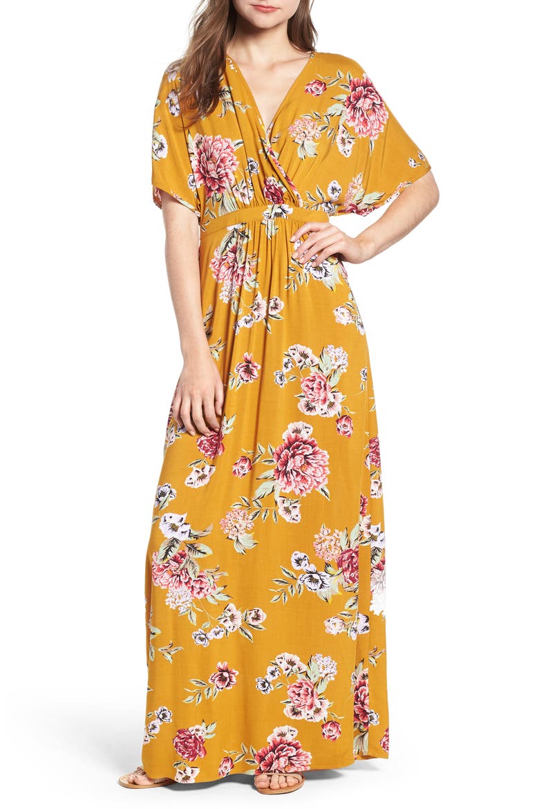 Kimono Sleeve Maxi Dress, Main, color, MUSTARD FLORAL