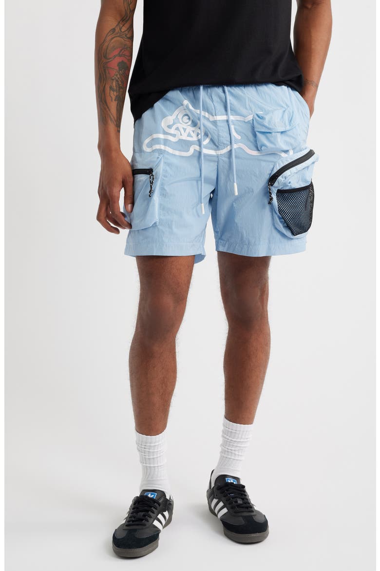 Running Dog Graphic Cargo Hiker Shorts, Main, color, CERULEAN BLUE