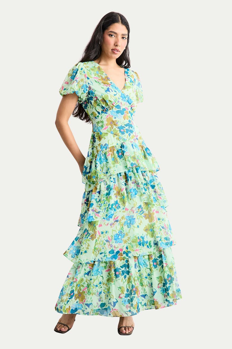 Waist Puff Sleeve Tiered Midi Dress, Main, color, Green