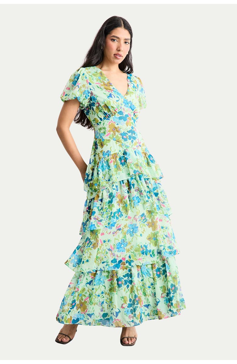 Warehouse Waist Puff Sleeve Tiered Midi Dress, Main, color, Green