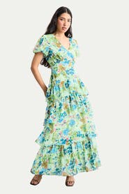 Warehouse Waist Puff Sleeve Tiered Midi Dress